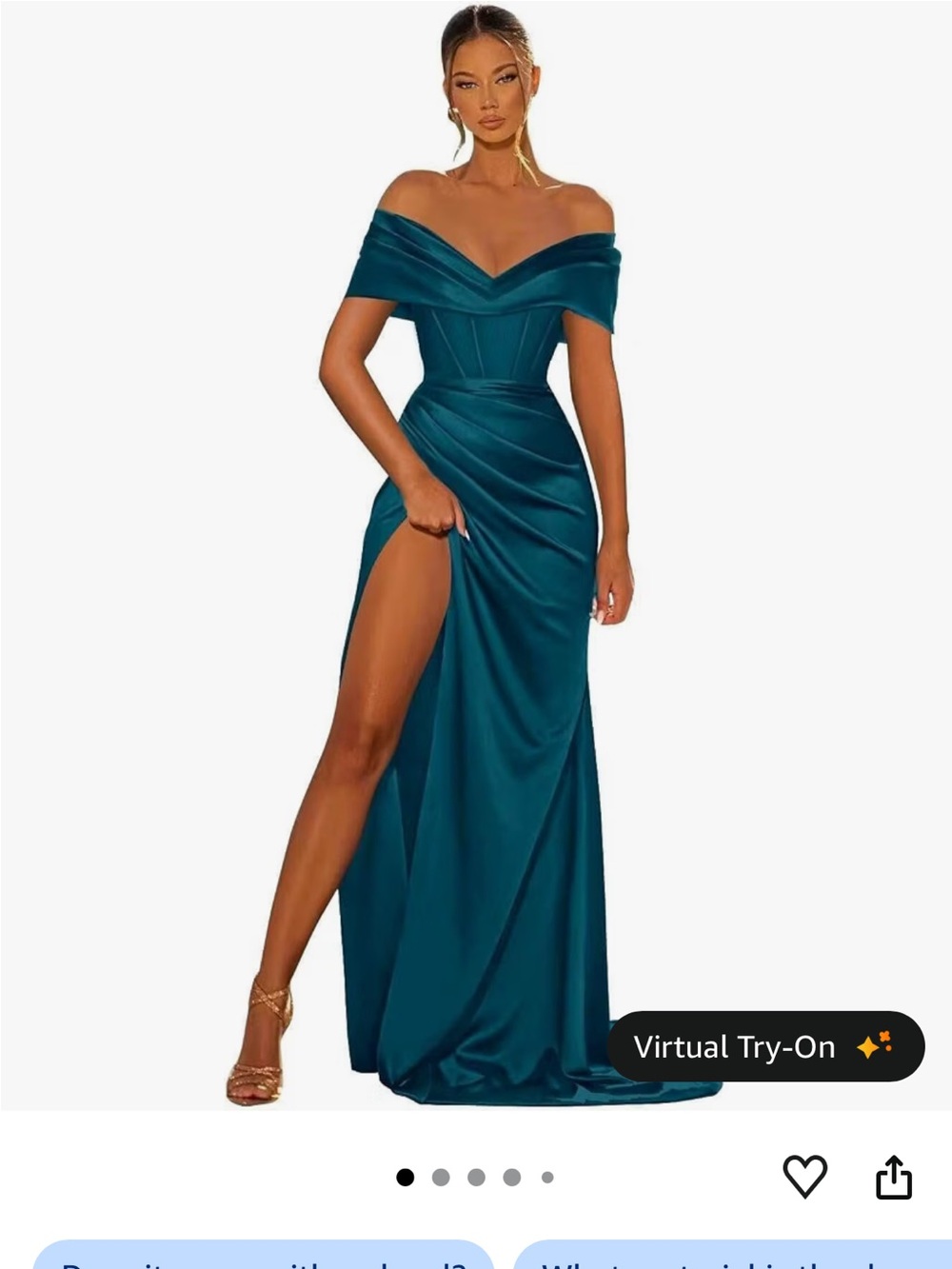 Off-Shoulder Teal Satin Evening Gown with High Slit brand new